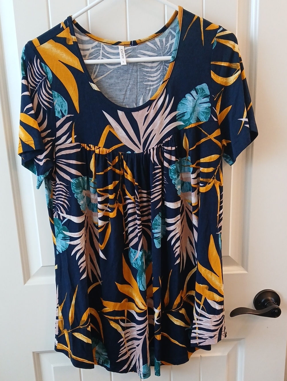 Cathy Navy Tropical Print Short Sleeve Tunic with Mustard & Teal Accents